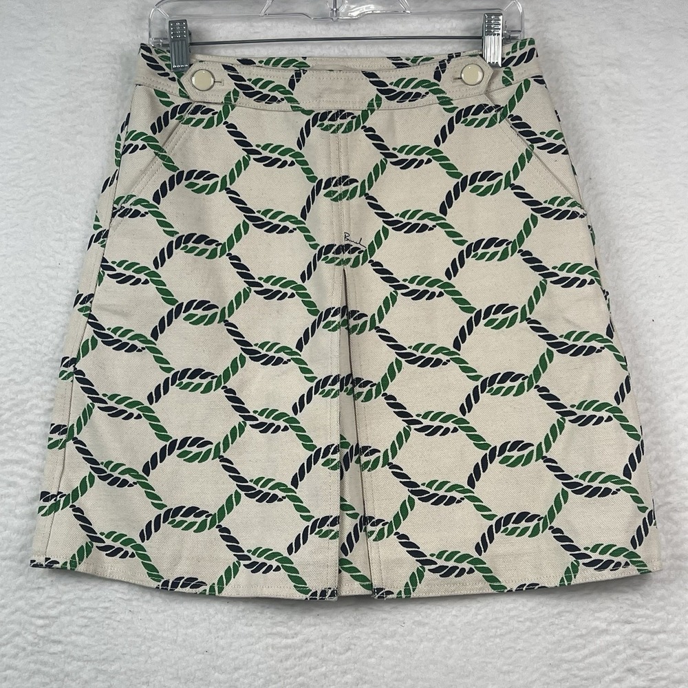 Tory Burch Pier Skirt Women's 4 Green‎ Navy Rope Print Canvas Linen Blend